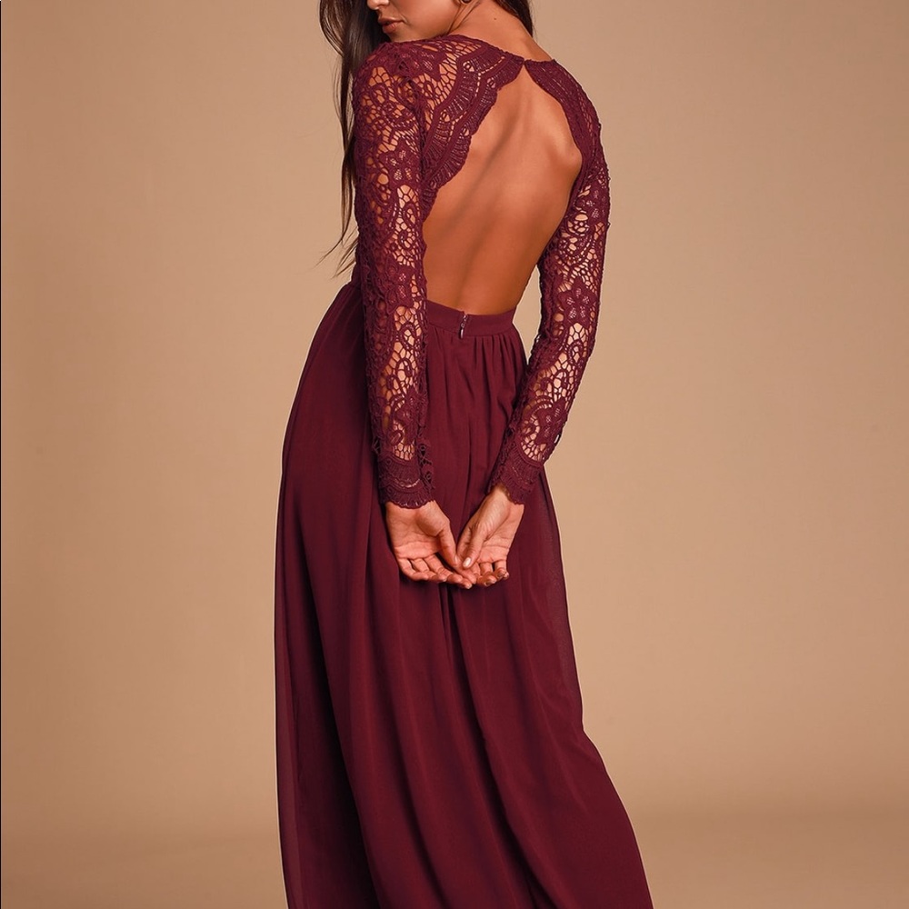 Burgundy Long Sleeve Lace Maxi Dress